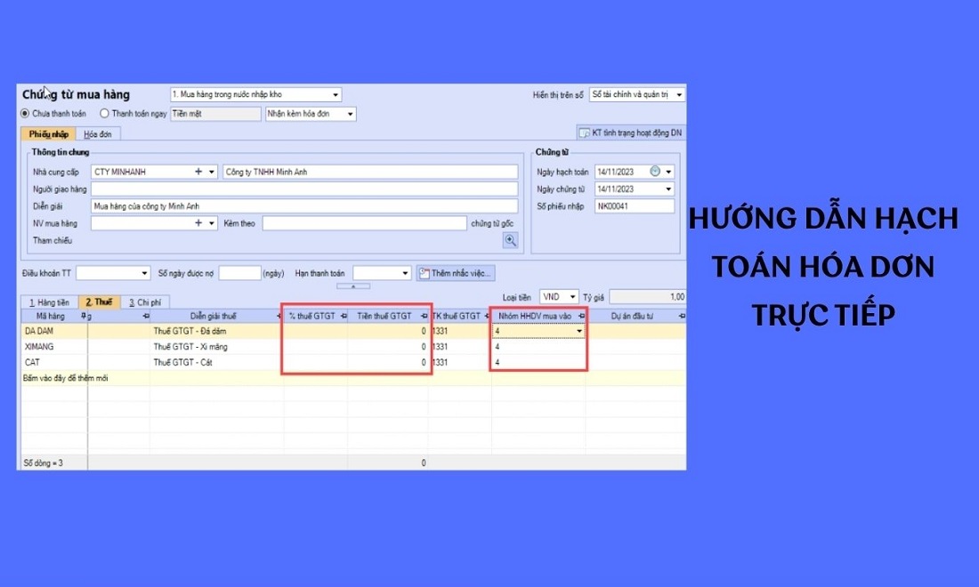 Hướng dẫn hạch toán hóa đơn trực tiếp